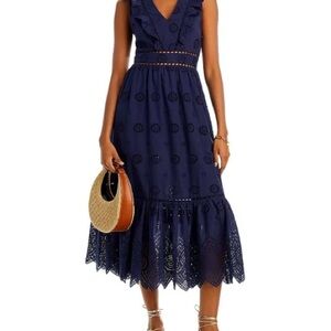 AQUA  Bloomingdale’s Sleeveless Navy Blue Eyelet Ruffle Midi Dress - Size Medium